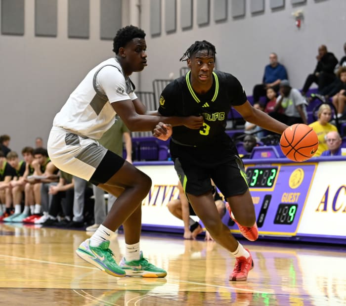 Prolific Prep junior AJ Dybantsa drives with the ball in a win over Riviera Prep (Florida) at the MAIT on Jan. 25, 2024.